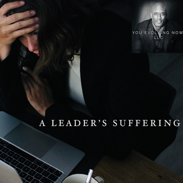 a leader's suffering, thumbnail with a tired and stressed person at a laptop